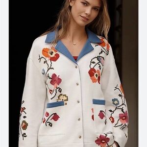 Anthropologie White Floral Cardigan with Blue Collar